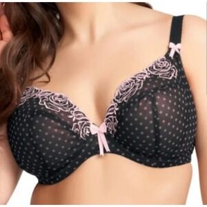 Elomi Betty Collection 34GG Plunge UW Bra Black Pink Polka Dot